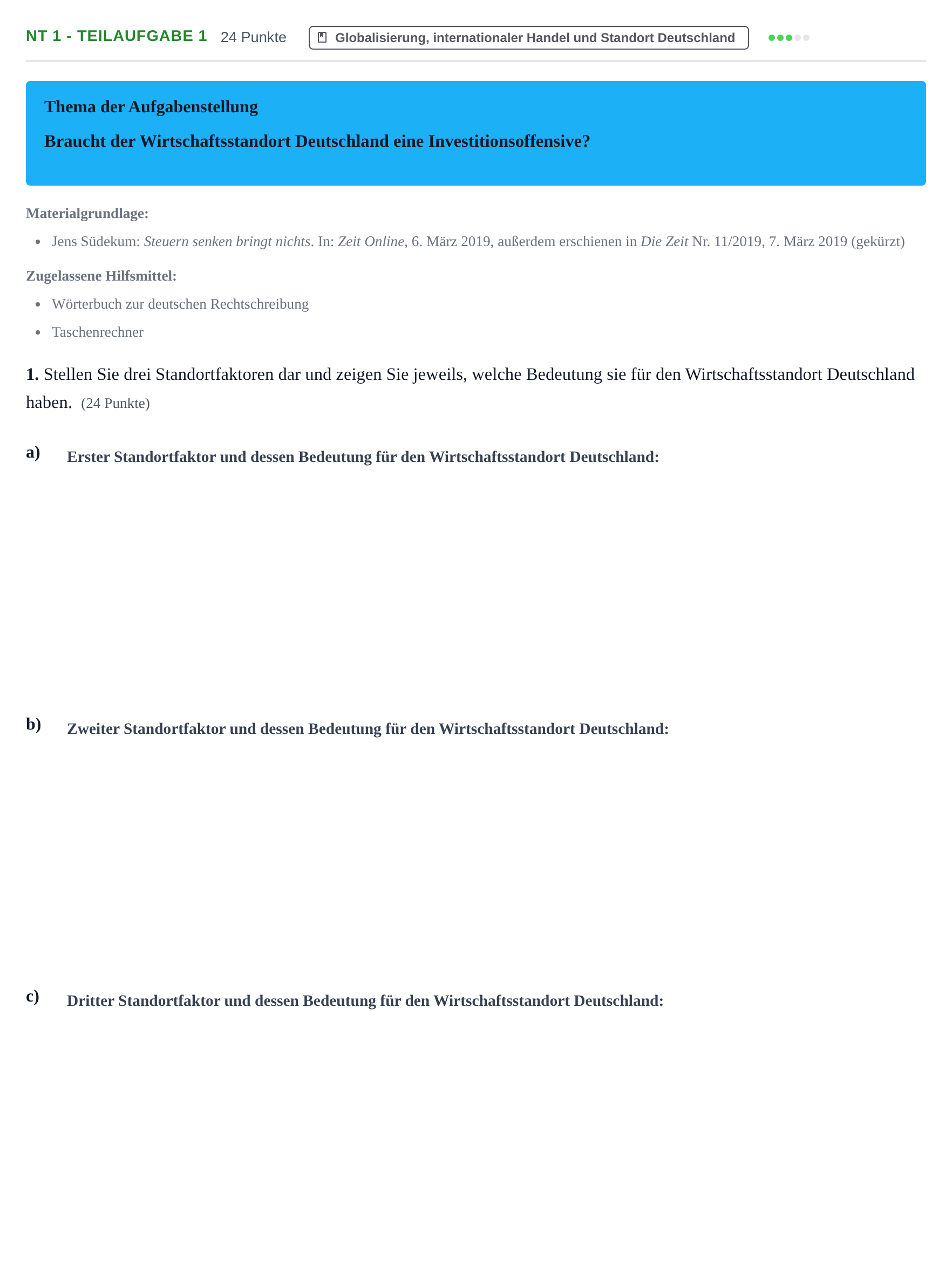 Aufgabenstellung: Aufgabe NT 1 - Teilaufgabe 1 · Abitur NRW Sozialwissenschaften LK · Nachtermin · Wirtschaft 2021
