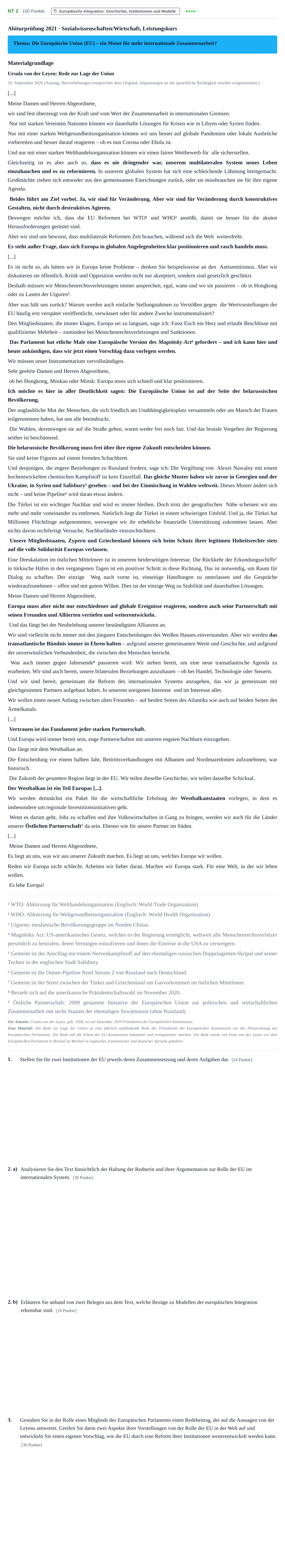 Aufgabenstellung: Aufgabe NT 2 · Abitur NRW Sozialwissenschaften LK · Nachtermin · Wirtschaft 2021