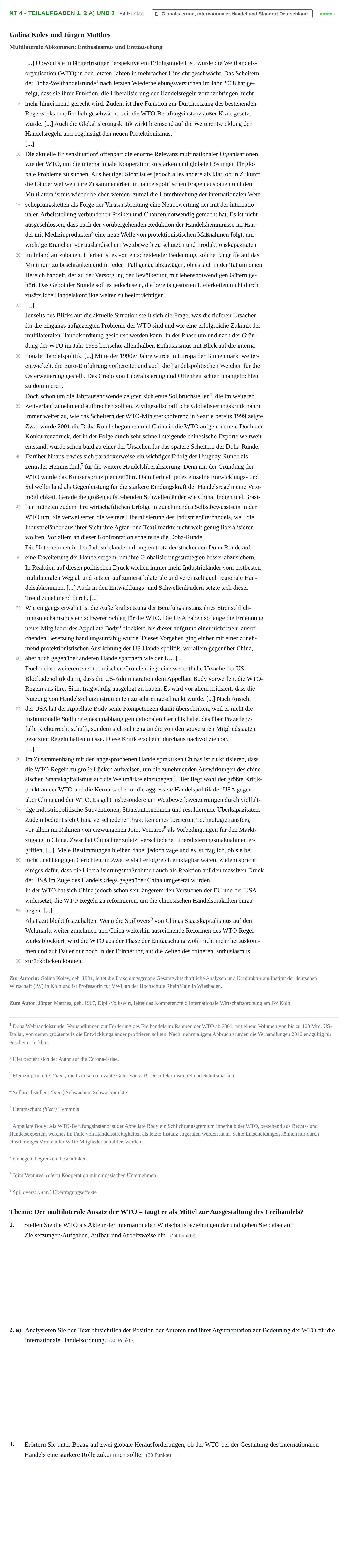 Aufgabenstellung: Aufgabe NT 4 - Teilaufgaben 1, 2 a) und 3 · Abitur NRW Sozialwissenschaften LK · Nachtermin · Wirtschaft 2021