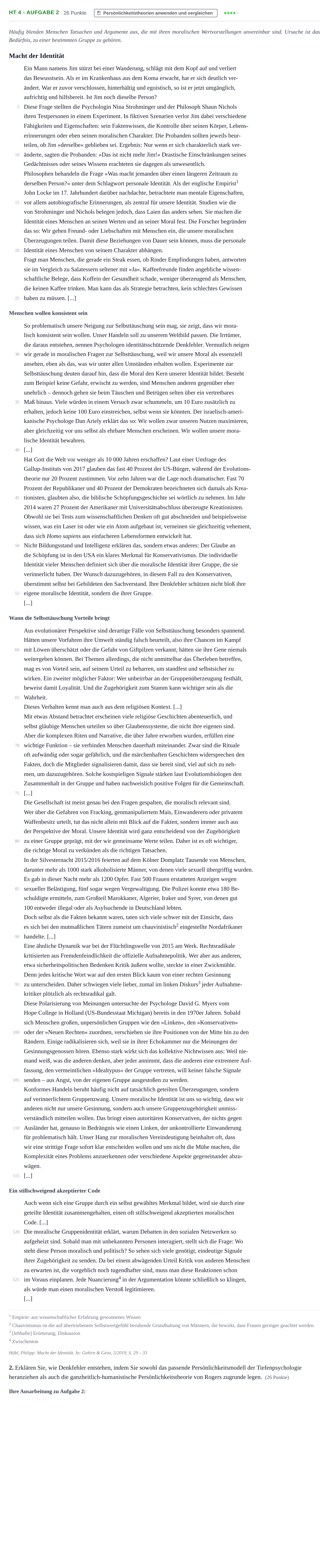 Aufgabenstellung: Aufgabe HT 4 - Aufgabe 2 · Abitur NRW Psychologie LK · Haupttermin · Weiterbildungskolleg 2021
