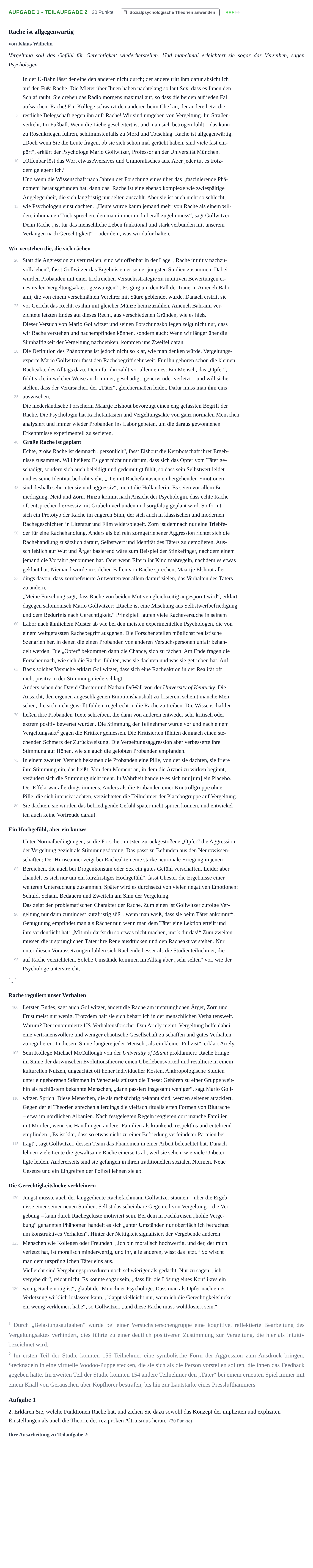 Aufgabenstellung: Aufgabe 1 - Teilaufgabe 2 · Abitur NRW Psychologie LK · Nachtermin 2021