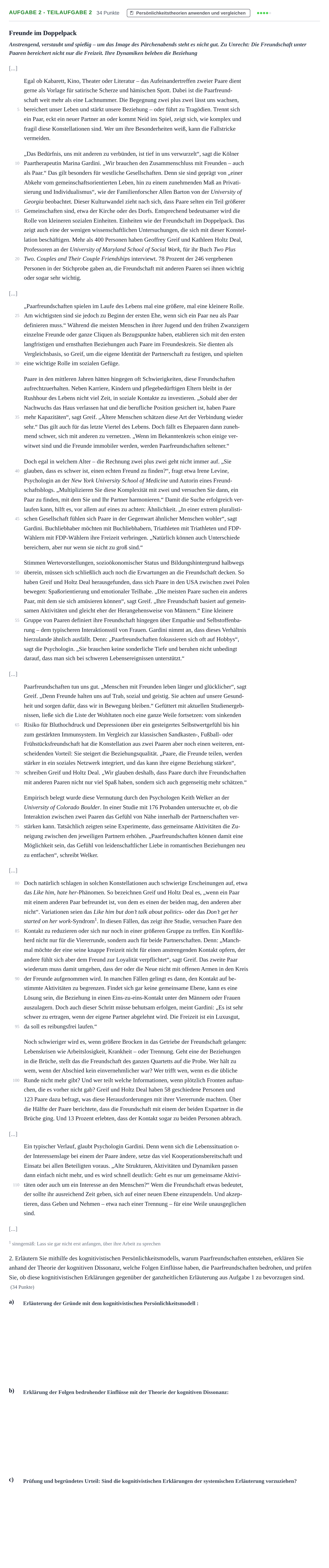 Aufgabenstellung: Aufgabe 2 - Teilaufgabe 2 · Abitur NRW Psychologie LK · Nachtermin 2021