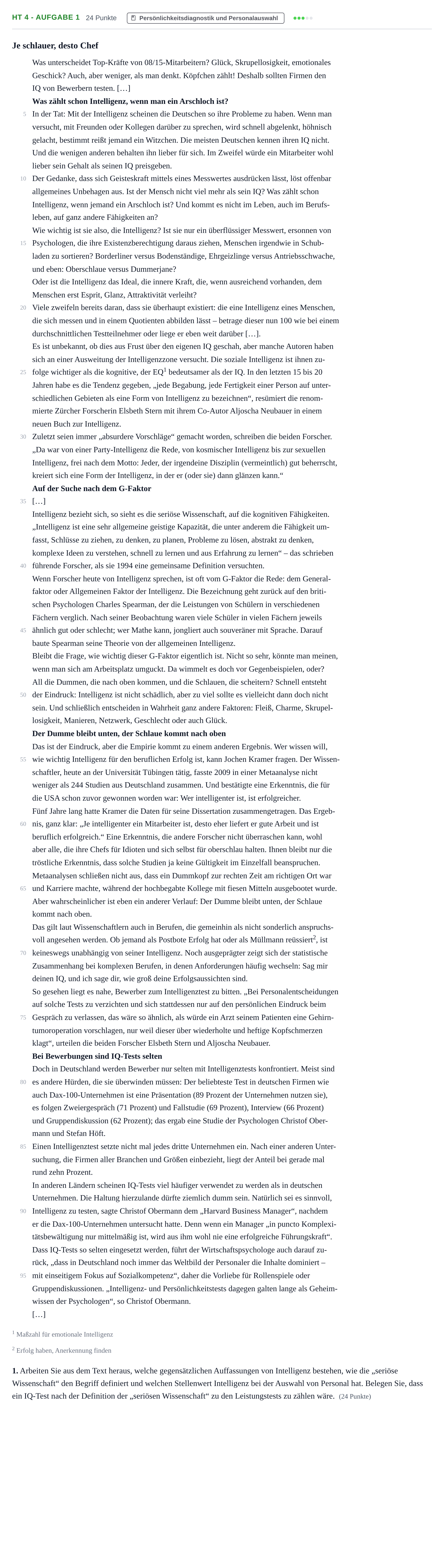 Aufgabenstellung: Aufgabe HT 4 - Aufgabe 1 · Abitur NRW Psychologie GK · Haupttermin 2022