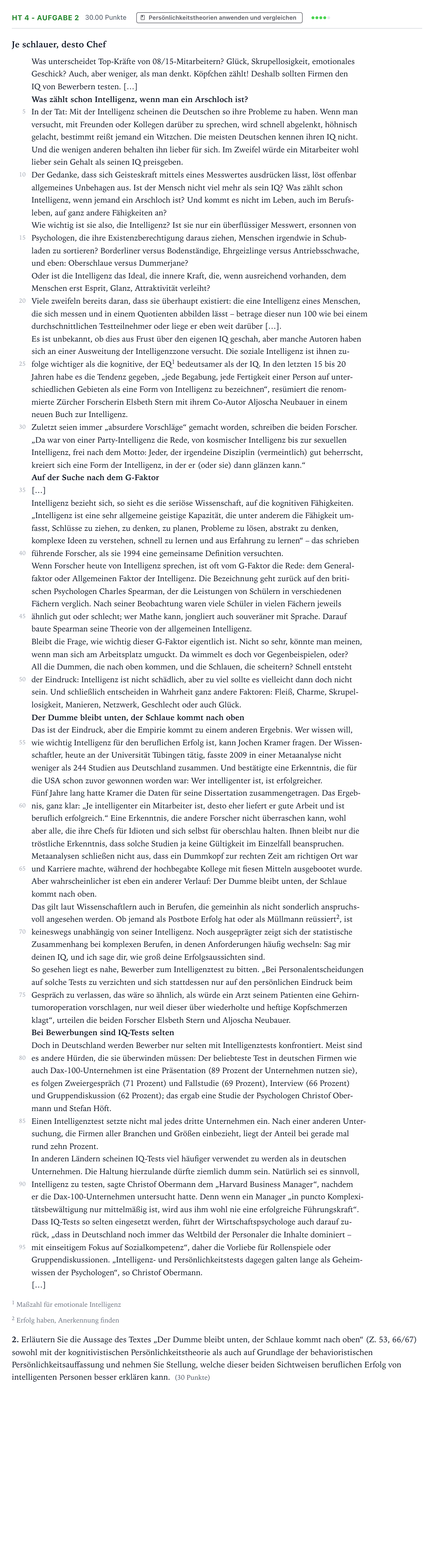 Aufgabenstellung: Aufgabe HT 4 - Aufgabe 2 · Abitur NRW Psychologie GK · Haupttermin 2022