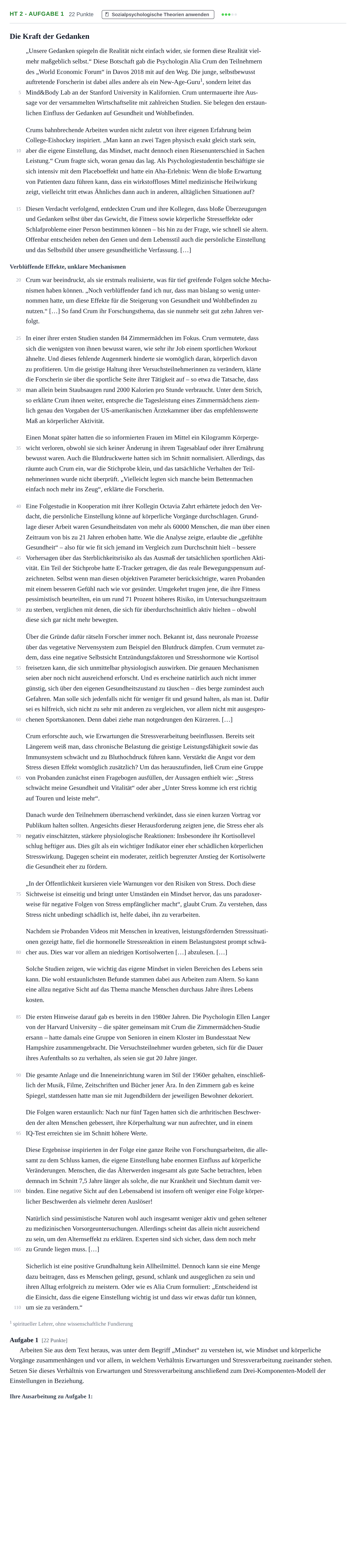 Aufgabenstellung: Aufgabe HT 2 - Aufgabe 1 · Abitur NRW Psychologie GK · Haupttermin · Weiterbildungskolleg 2022