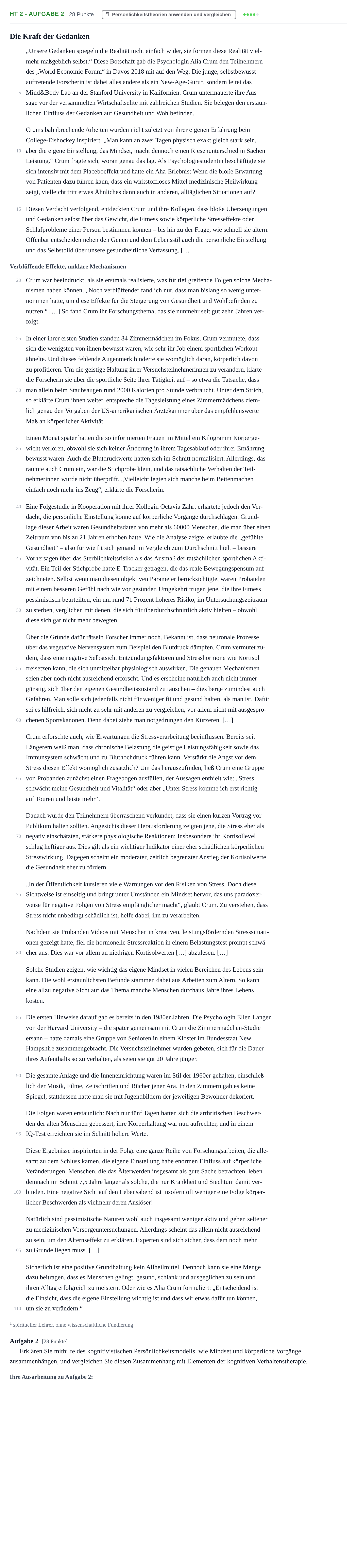 Aufgabenstellung: Aufgabe HT 2 - Aufgabe 2 · Abitur NRW Psychologie GK · Haupttermin · Weiterbildungskolleg 2022