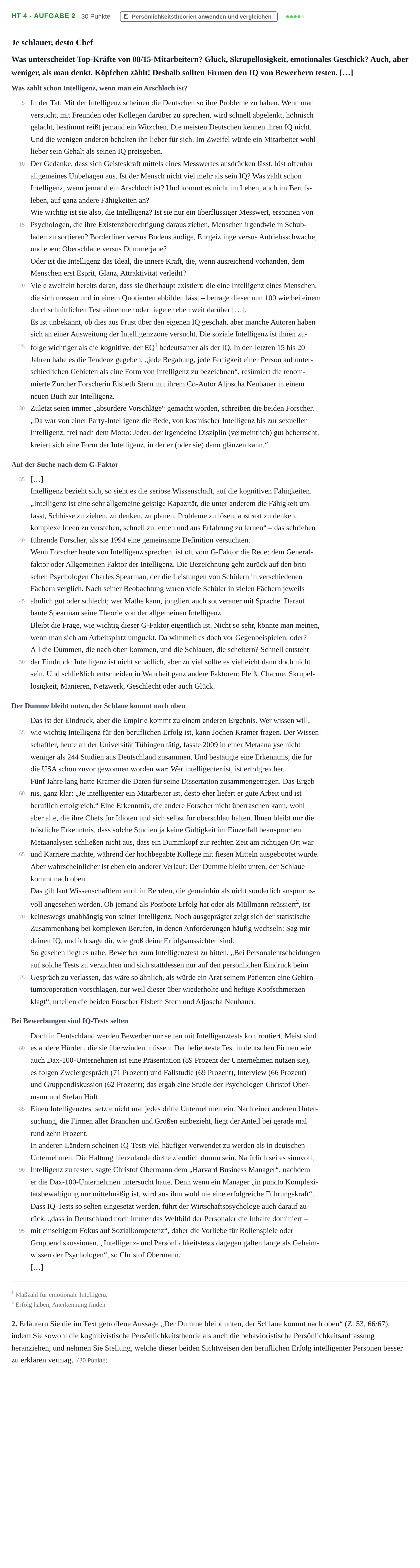 Aufgabenstellung: Aufgabe HT 4 - Aufgabe 2 · Abitur NRW Psychologie GK · Haupttermin · Weiterbildungskolleg 2022