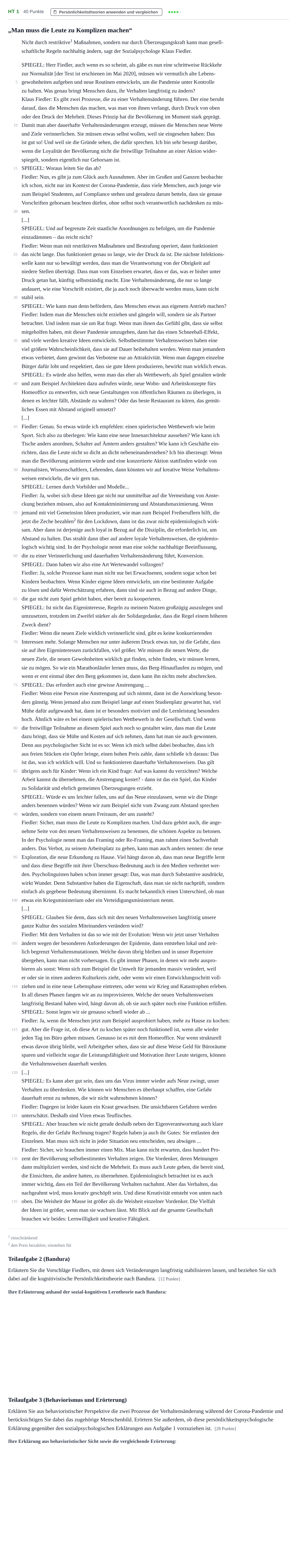 Aufgabenstellung: Aufgabe HT 1 - Persönlichkeitstheorien · Abitur NRW Psychologie LK · Haupttermin 2022