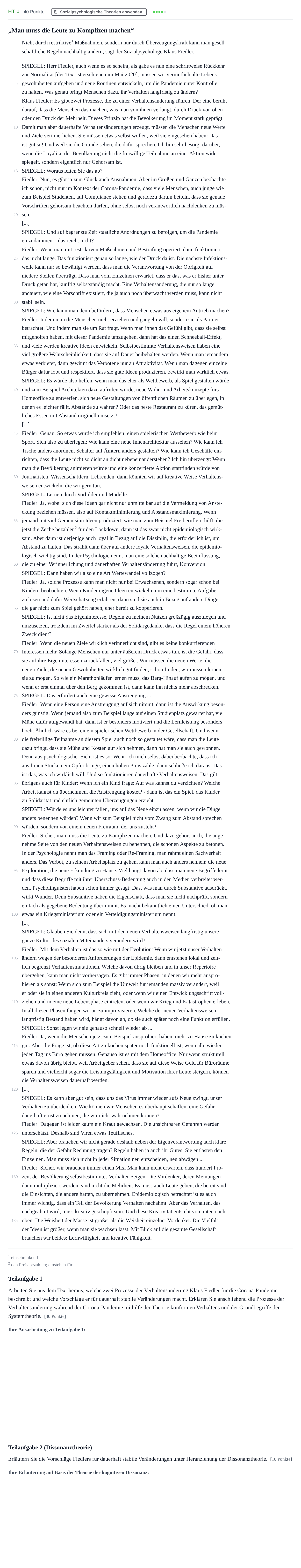 Aufgabenstellung: Aufgabe HT 1 - Sozialpsychologische Theorien · Abitur NRW Psychologie LK · Haupttermin 2022