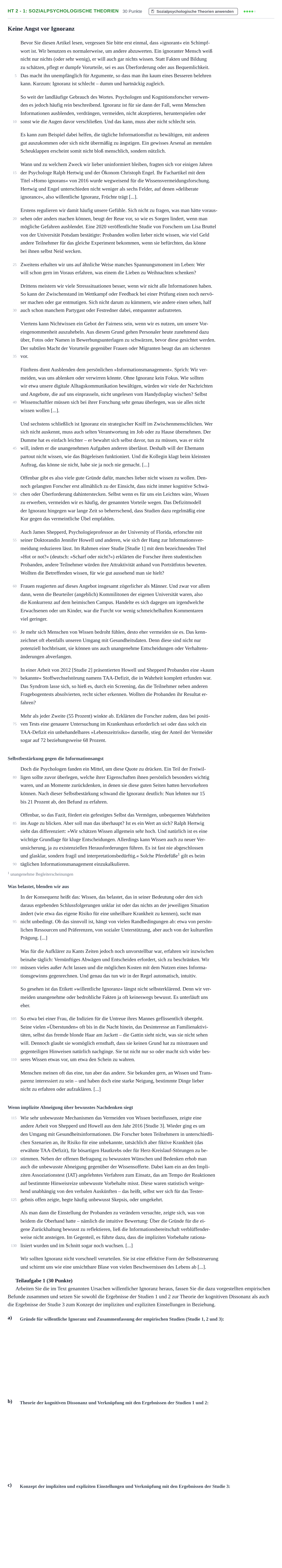 Aufgabenstellung: Aufgabe HT 2 - 1: Sozialpsychologische Theorien · Abitur NRW Psychologie LK · Haupttermin 2022