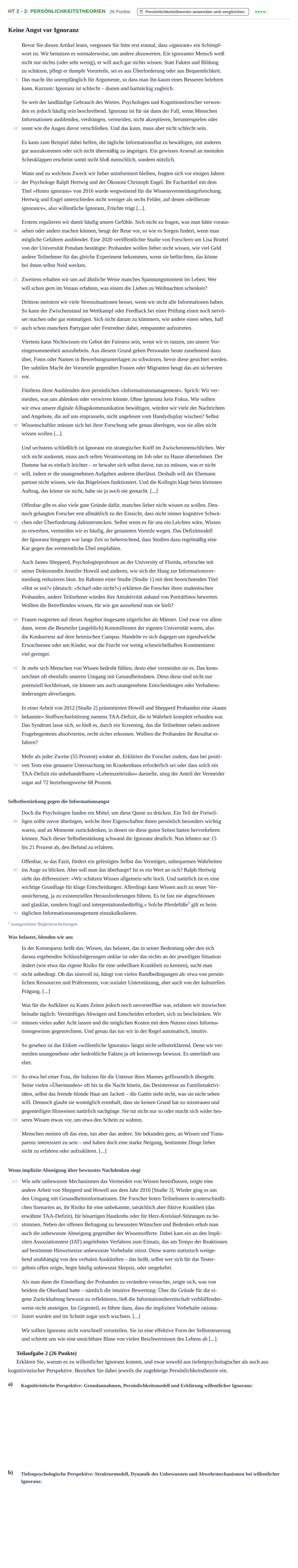 Aufgabenstellung: Aufgabe HT 2 - 2: Persönlichkeitstheorien · Abitur NRW Psychologie LK · Haupttermin 2022