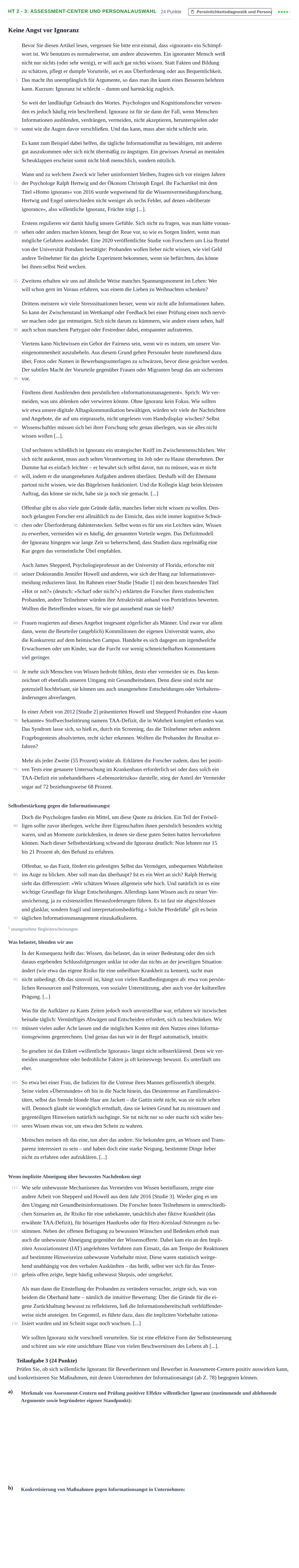 Aufgabenstellung: Aufgabe HT 2 - 3: Assessment-Center und Personalauswahl · Abitur NRW Psychologie LK · Haupttermin 2022