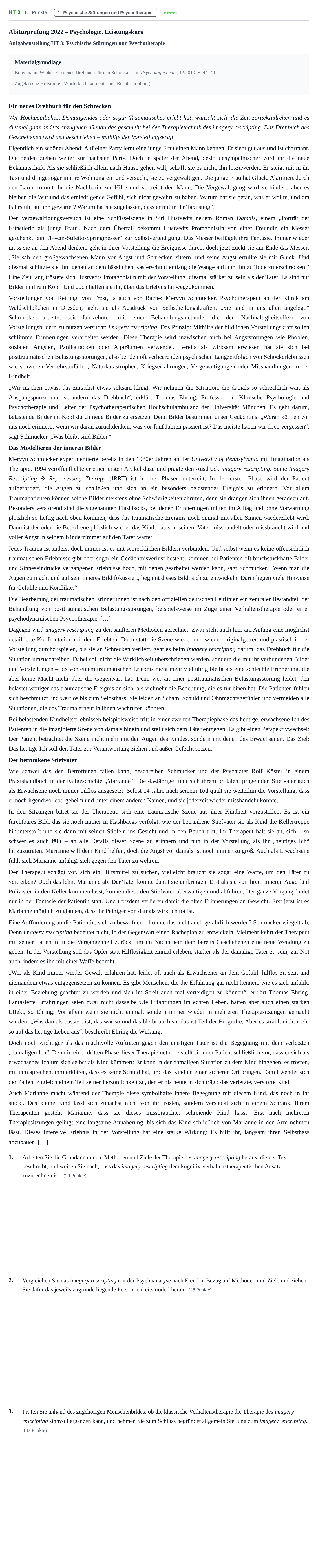 Aufgabenstellung: Aufgabe HT 3 - Psychische Störungen und Psychotherapie · Abitur NRW Psychologie LK · Haupttermin 2022