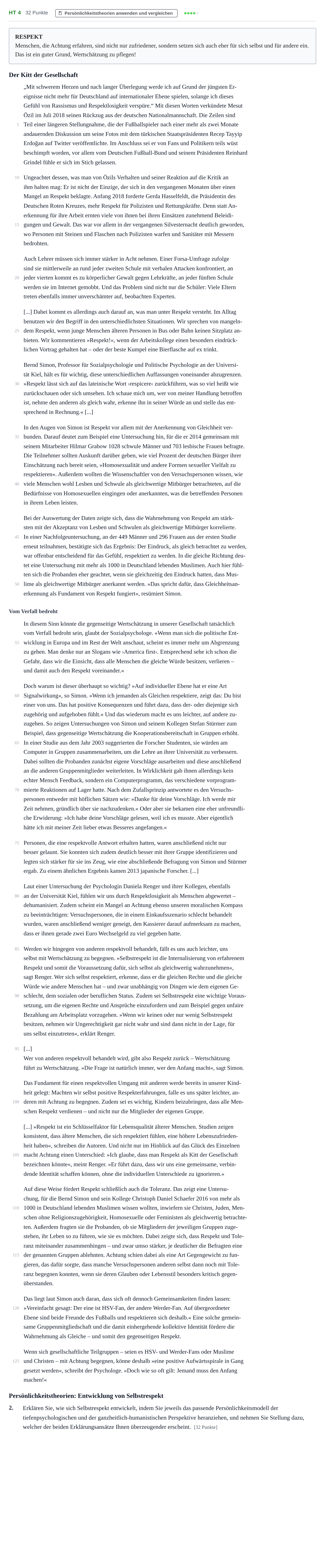 Aufgabenstellung: Aufgabe HT 4 - Persönlichkeitstheorien · Abitur NRW Psychologie LK · Haupttermin 2022