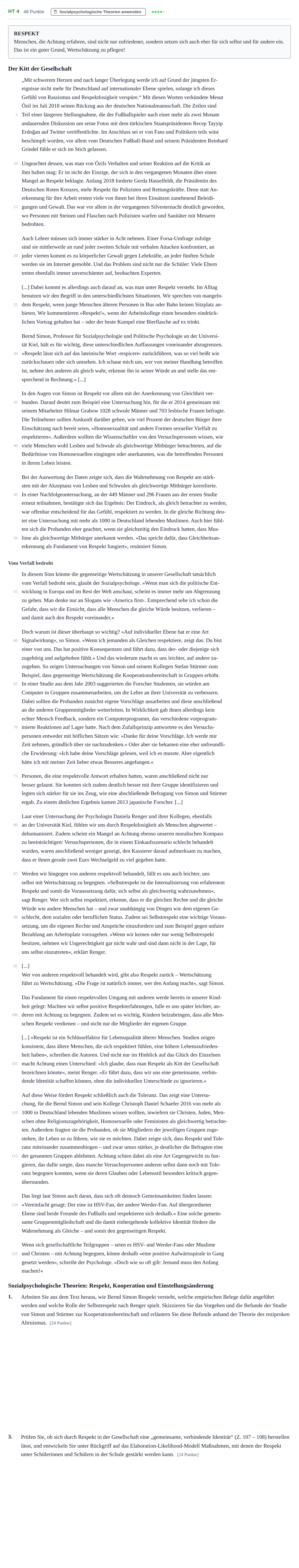 Aufgabenstellung: Aufgabe HT 4 - Sozialpsychologische Theorien · Abitur NRW Psychologie LK · Haupttermin 2022