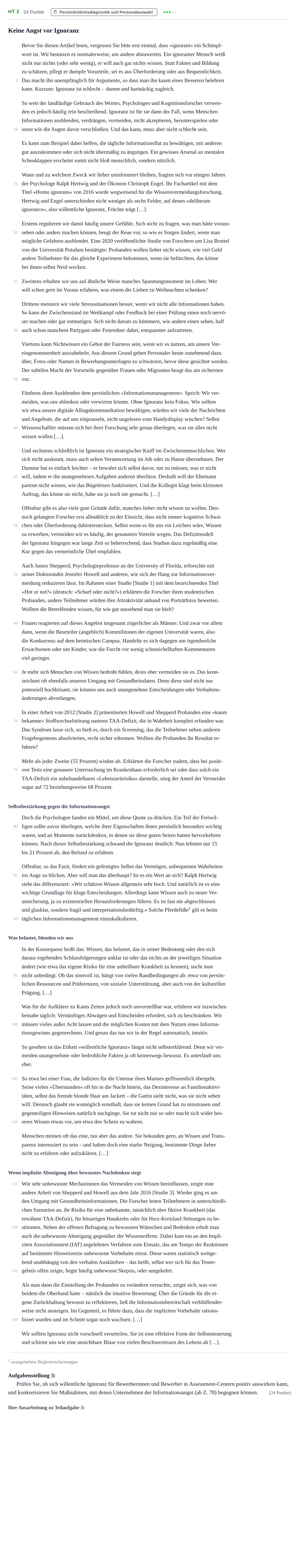 Aufgabenstellung: Aufgabe HT 2 - Persönlichkeitsdiagnostik und Personalausw… · Abitur NRW Psychologie LK · Haupttermin · Weiterbildungskolleg 2022