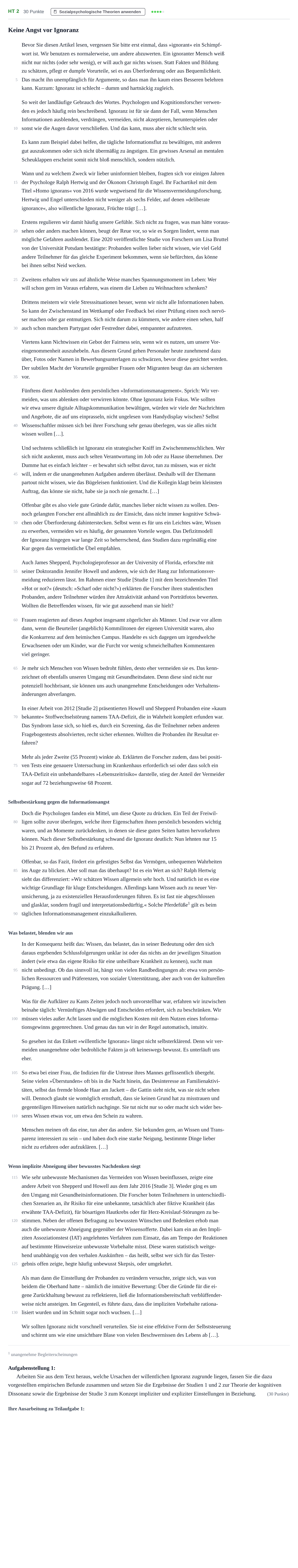 Aufgabenstellung: Aufgabe HT 2 - Sozialpsychologische Theorien anwenden · Abitur NRW Psychologie LK · Haupttermin · Weiterbildungskolleg 2022