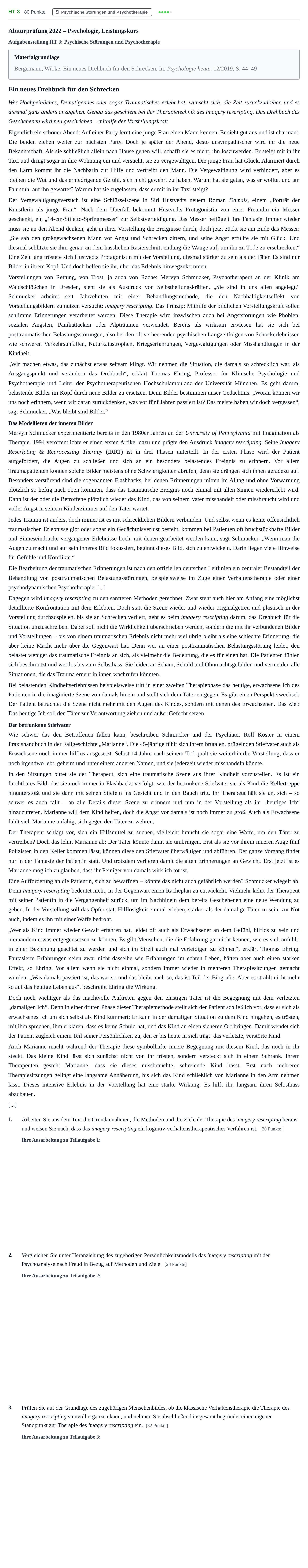Aufgabenstellung: Aufgabe HT 3 - Psychische Störungen und Psychotherapie · Abitur NRW Psychologie LK · Haupttermin · Weiterbildungskolleg 2022