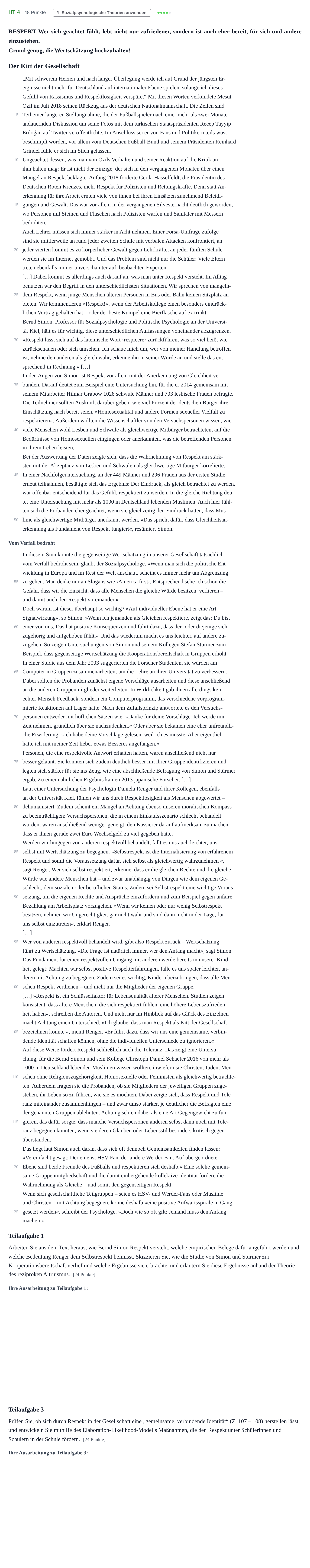Aufgabenstellung: Aufgabe HT 4 - Sozialpsychologische Theorien anwenden · Abitur NRW Psychologie LK · Haupttermin · Weiterbildungskolleg 2022