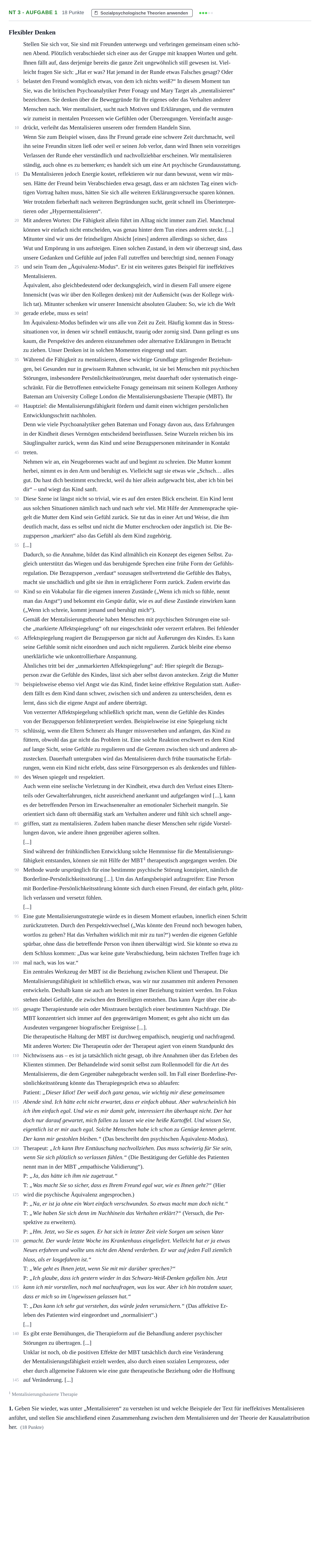 Aufgabenstellung: Aufgabe NT 3 - Aufgabe 1 · Abitur NRW Psychologie LK · Nachtermin 2022