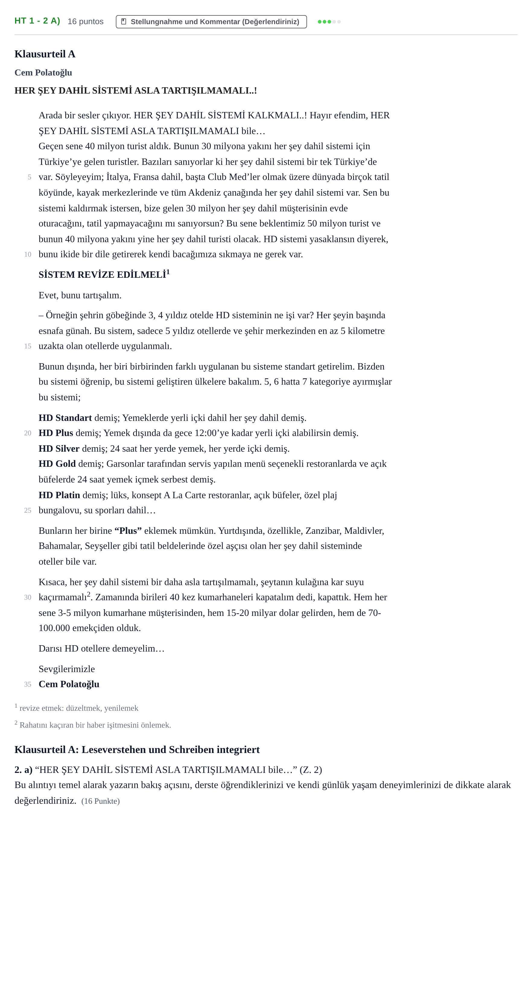 Aufgabenstellung: Aufgabe HT 1 - 2 a) · Abitur NRW Türkisch GK · Haupttermin · neu einsetzend · Weit 2023