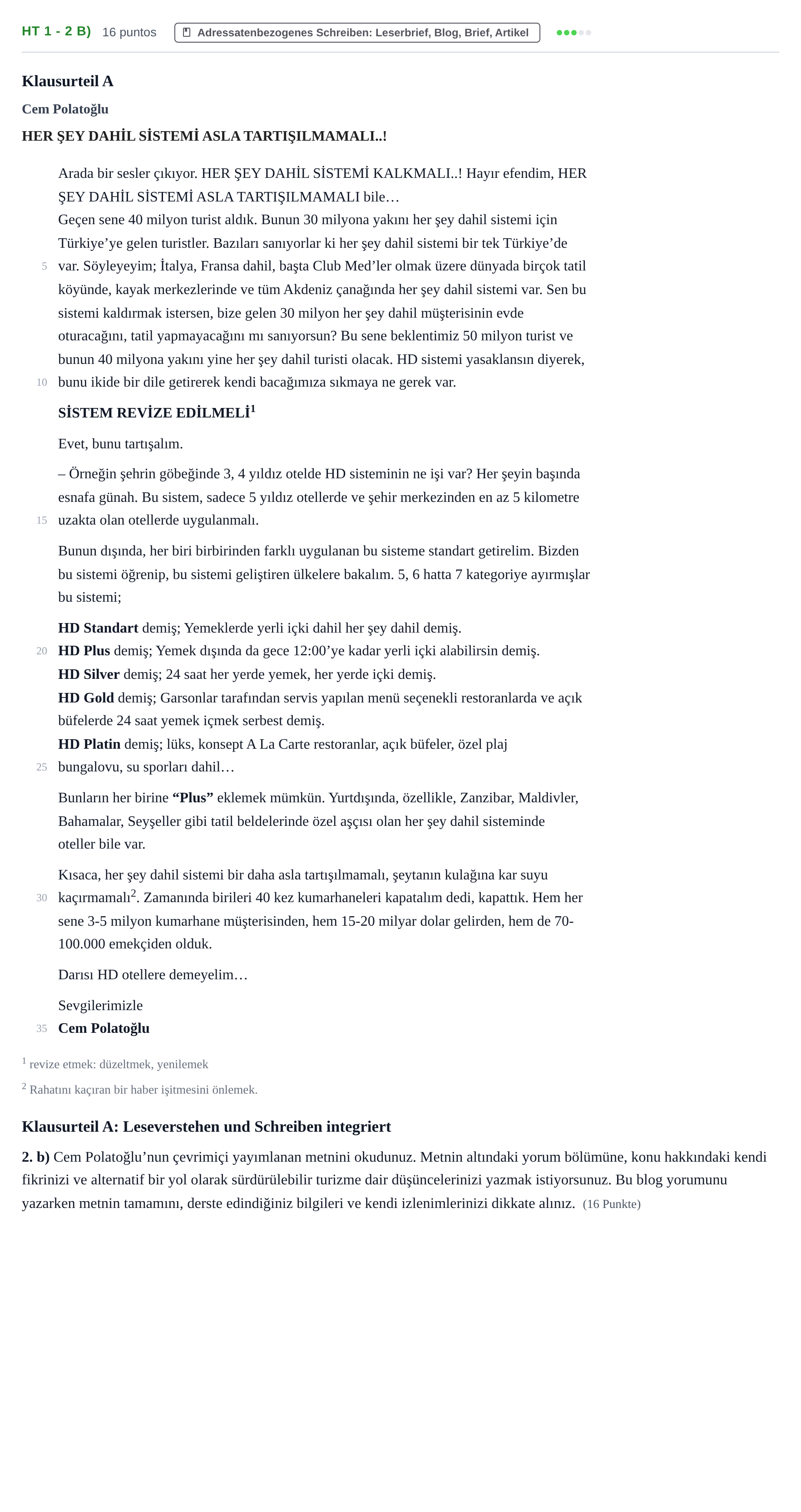 Aufgabenstellung: Aufgabe HT 1 - 2 b) · Abitur NRW Türkisch GK · Haupttermin · neu einsetzend · Weit 2023