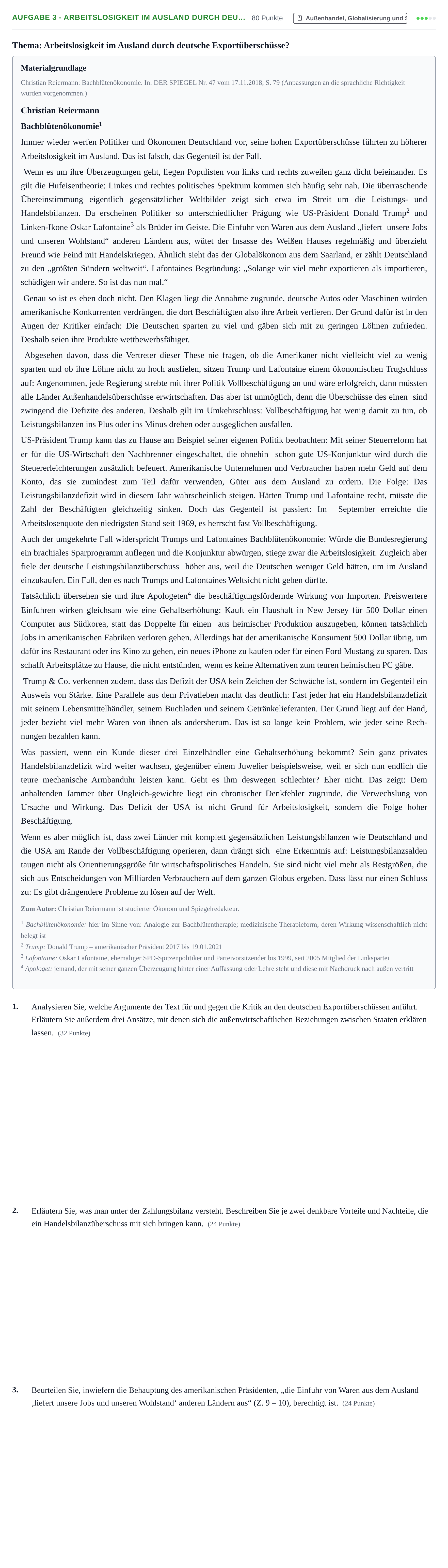 Aufgabenstellung: Aufgabe 3 - Arbeitslosigkeit im Ausland durch deu… · Abitur NRW Volkswirtschaftslehre GK · Haupttermin · Weiterbildungskolleg 2021