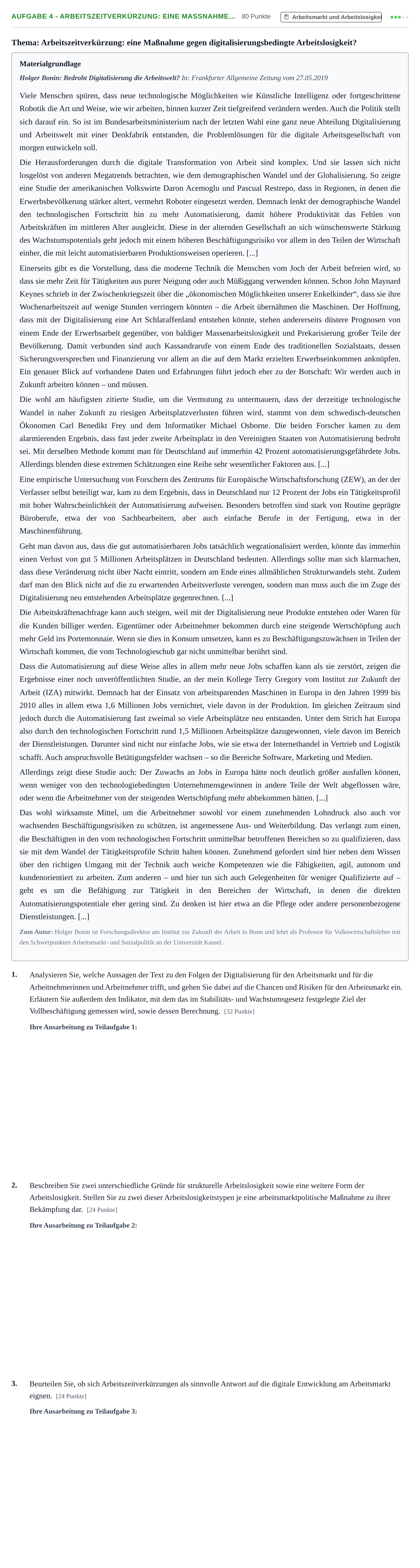 Aufgabenstellung: Aufgabe 4 - Arbeitszeitverkürzung: eine Maßnahme… · Abitur NRW Volkswirtschaftslehre GK · Haupttermin · Weiterbildungskolleg 2021