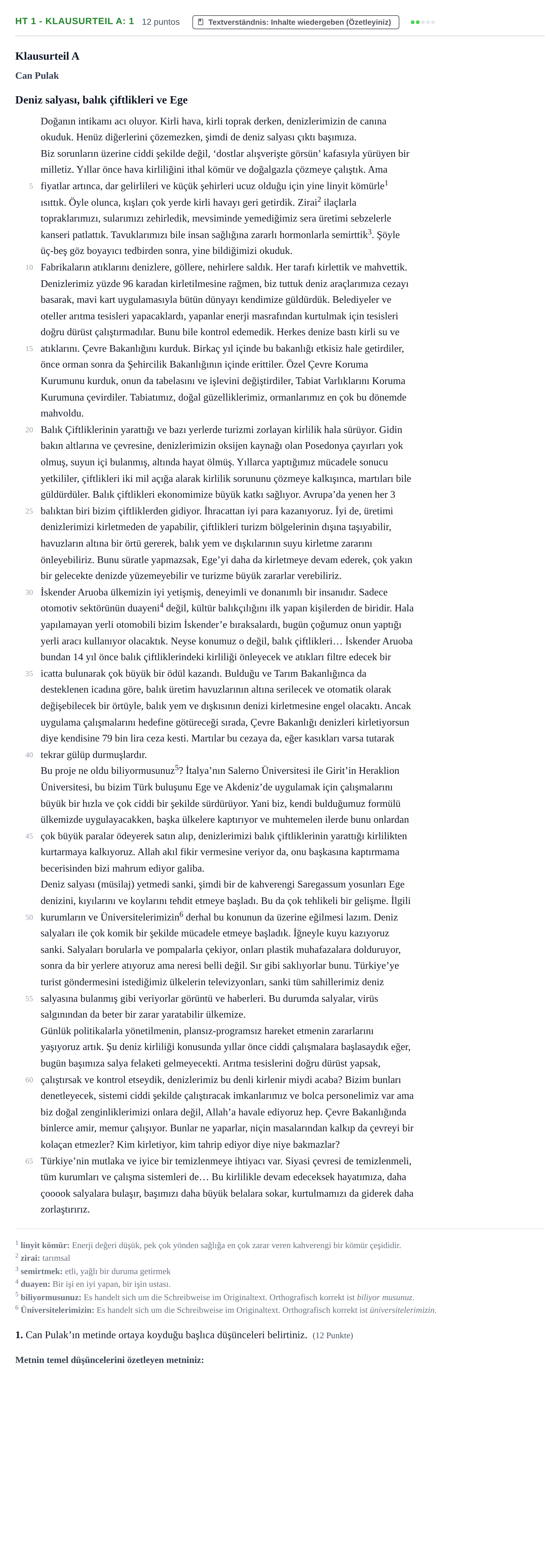 Aufgabenstellung: Aufgabe HT 1 - Klausurteil A: 1 · Abitur NRW Türkisch LK · Haupttermin · fortgeführt 2023