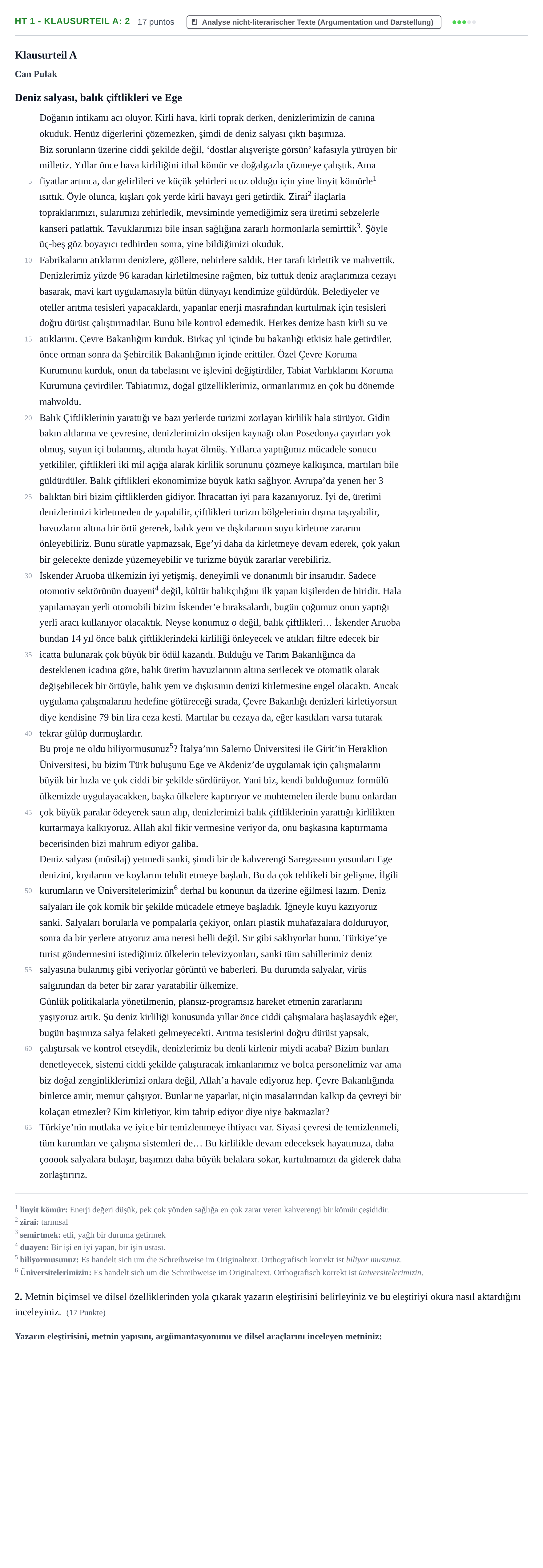 Aufgabenstellung: Aufgabe HT 1 - Klausurteil A: 2 · Abitur NRW Türkisch LK · Haupttermin · fortgeführt 2023