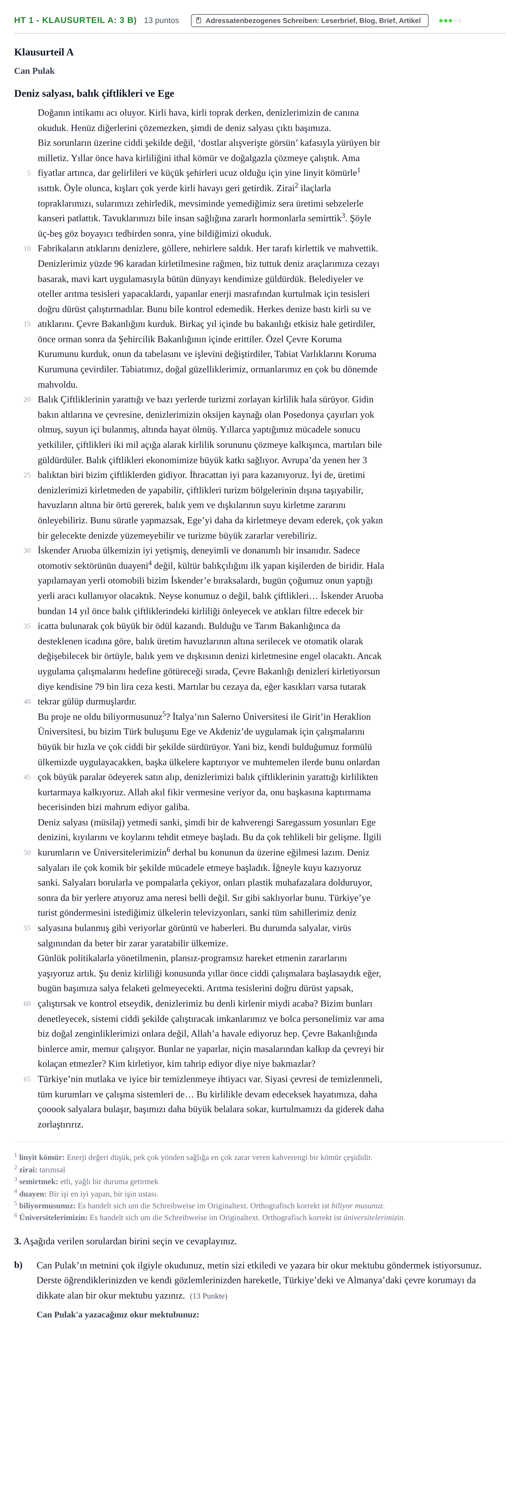 Aufgabenstellung: Aufgabe HT 1 - Klausurteil A: 3 b) · Abitur NRW Türkisch LK · Haupttermin · fortgeführt 2023