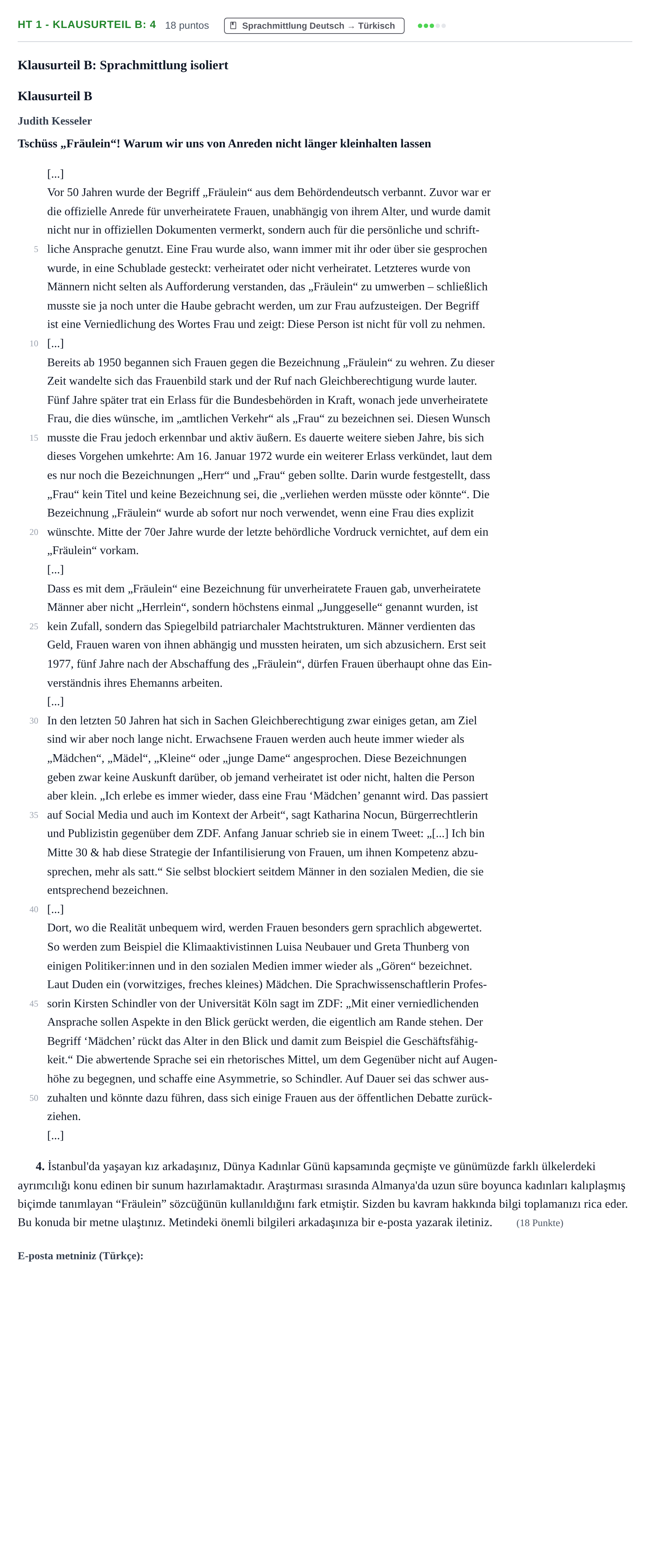 Aufgabenstellung: Aufgabe HT 1 - Klausurteil B: 4 · Abitur NRW Türkisch LK · Haupttermin · fortgeführt 2023