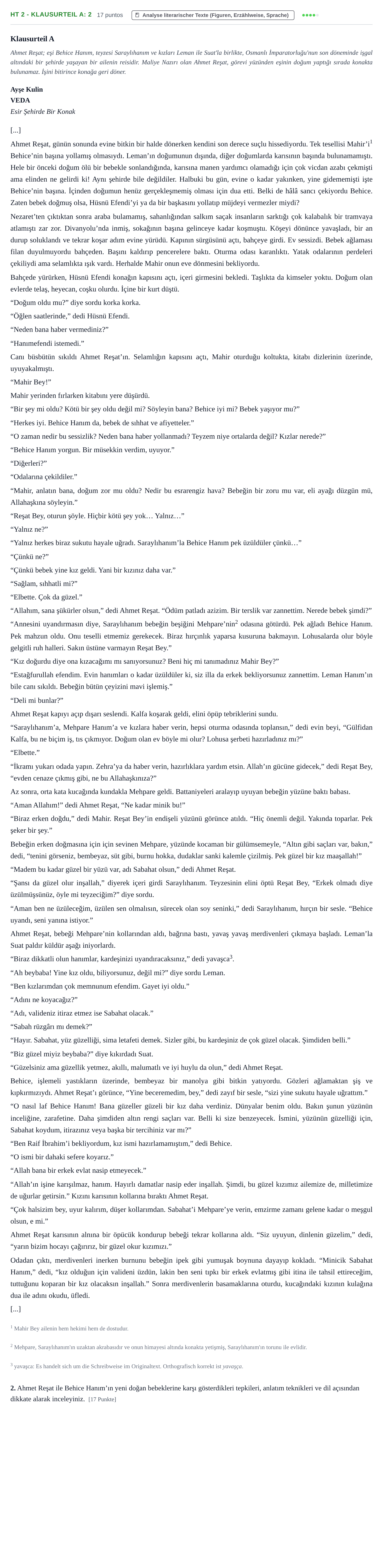 Aufgabenstellung: Aufgabe HT 2 - Klausurteil A: 2 · Abitur NRW Türkisch LK · Haupttermin · fortgeführt 2023