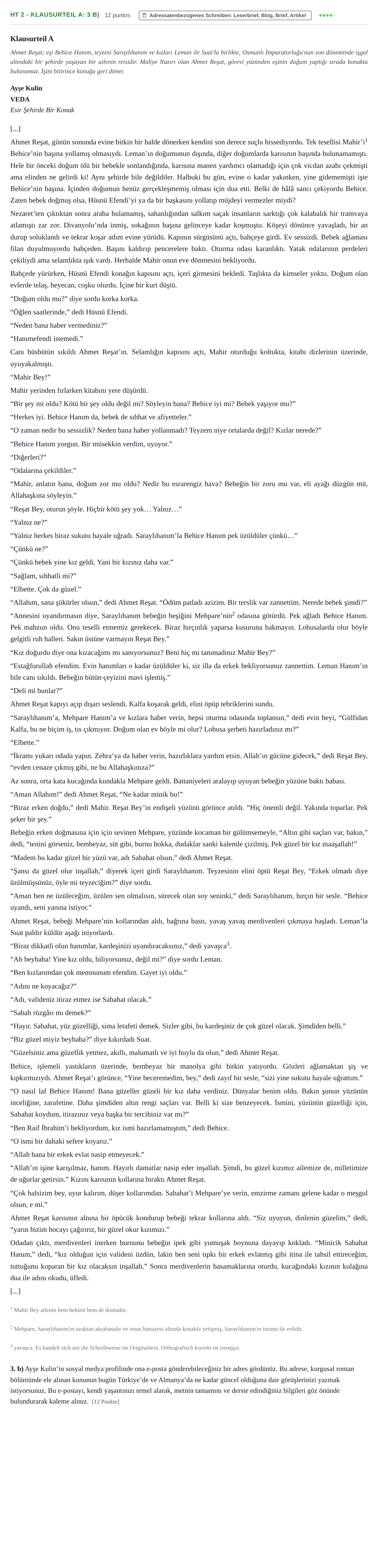 Aufgabenstellung: Aufgabe HT 2 - Klausurteil A: 3 b) · Abitur NRW Türkisch LK · Haupttermin · fortgeführt 2023