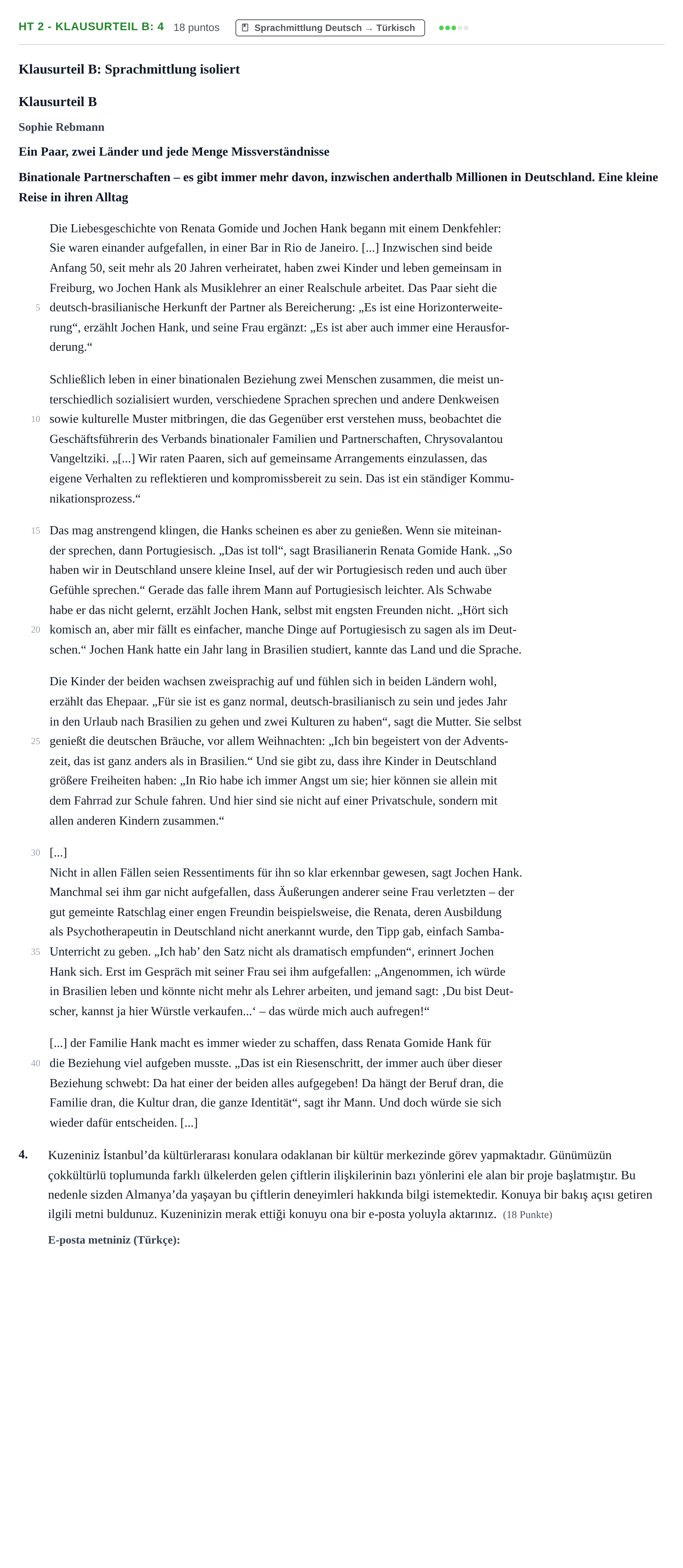 Aufgabenstellung: Aufgabe HT 2 - Klausurteil B: 4 · Abitur NRW Türkisch LK · Haupttermin · fortgeführt 2023