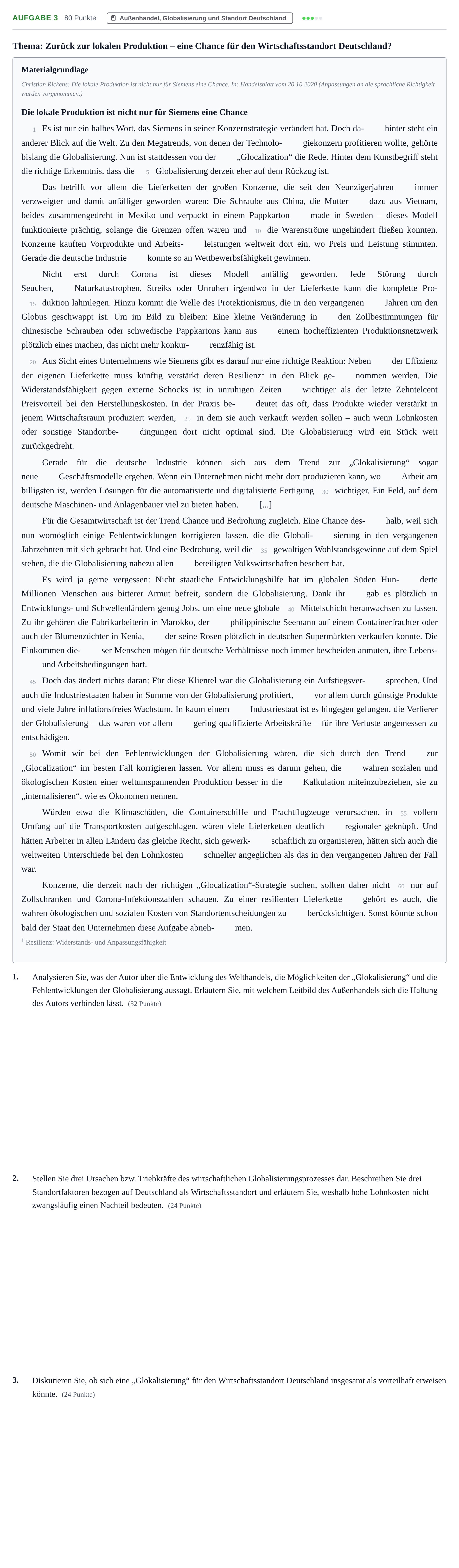 Aufgabenstellung: Aufgabe 3 · Abitur NRW Volkswirtschaftslehre GK · Haupttermin · Weiterbildungskolleg 2022