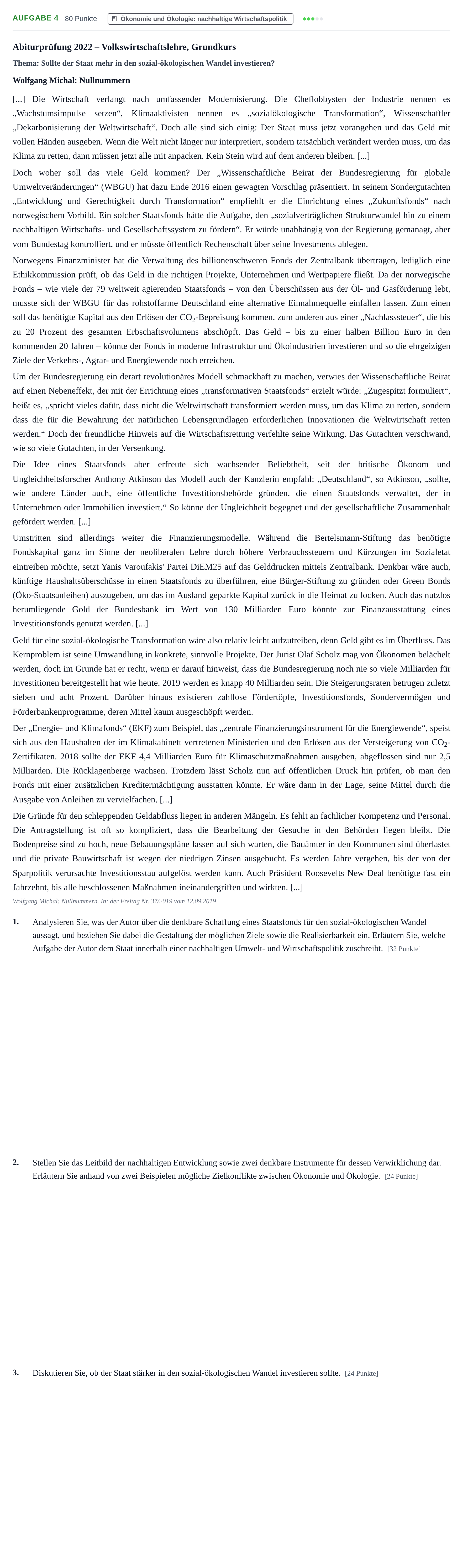 Aufgabenstellung: Aufgabe 4 · Abitur NRW Volkswirtschaftslehre GK · Haupttermin · Weiterbildungskolleg 2022