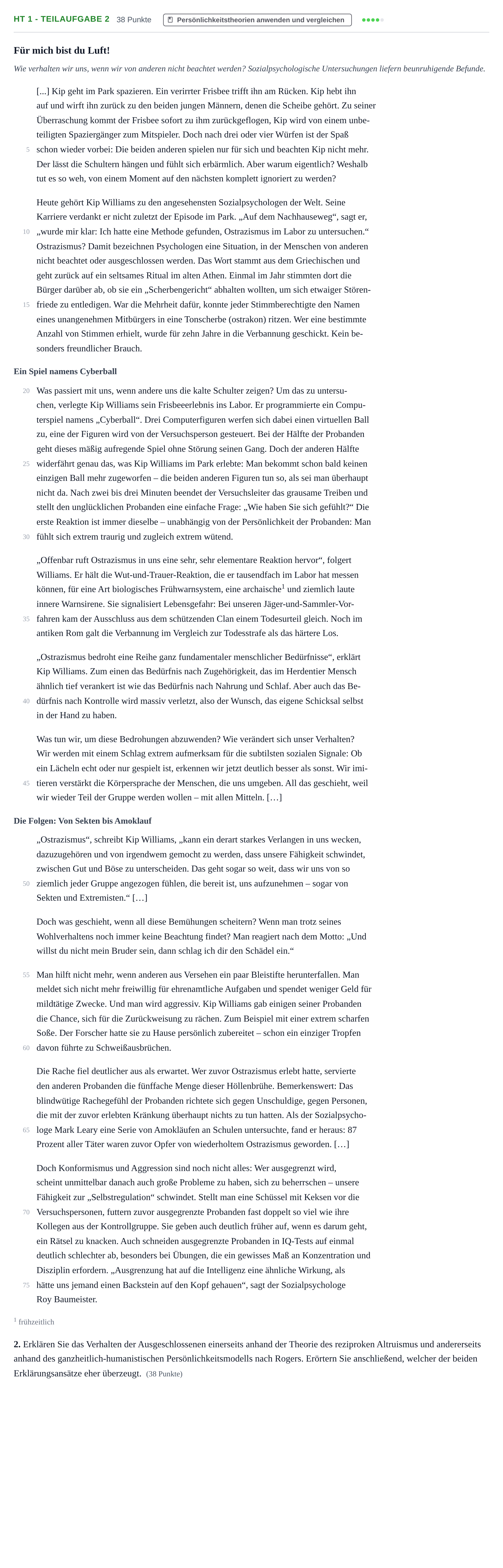 Aufgabenstellung: Aufgabe HT 1 - Teilaufgabe 2 · Abitur NRW Psychologie GK · Haupttermin 2023