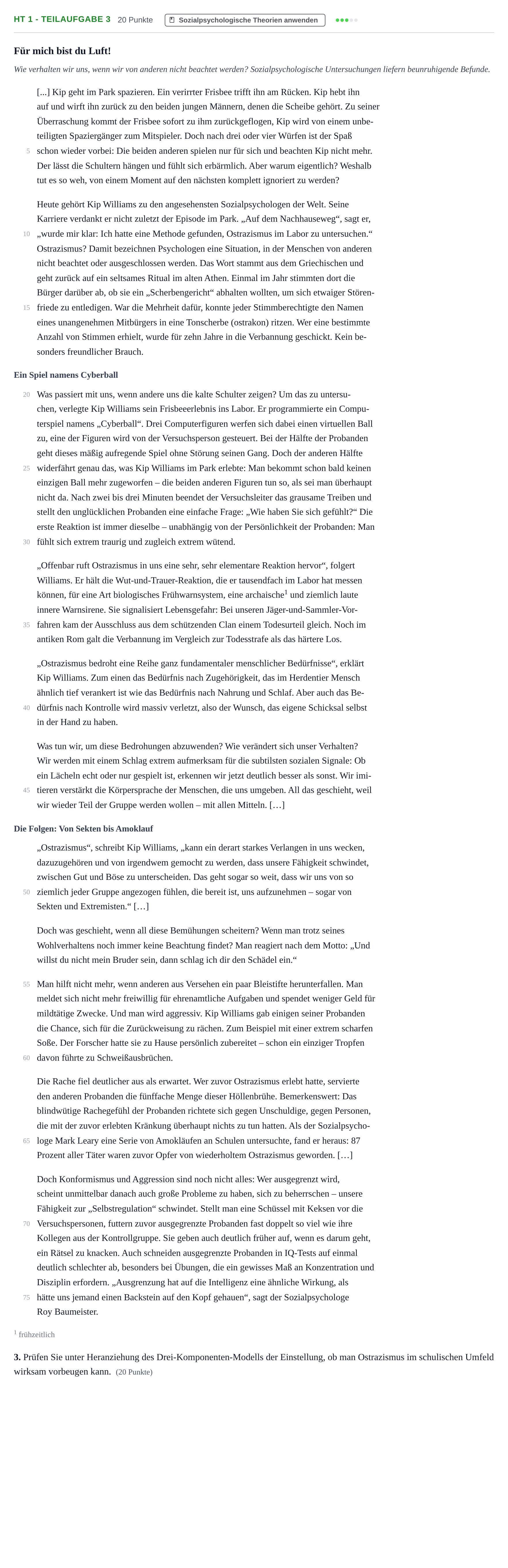 Aufgabenstellung: Aufgabe HT 1 - Teilaufgabe 3 · Abitur NRW Psychologie GK · Haupttermin 2023