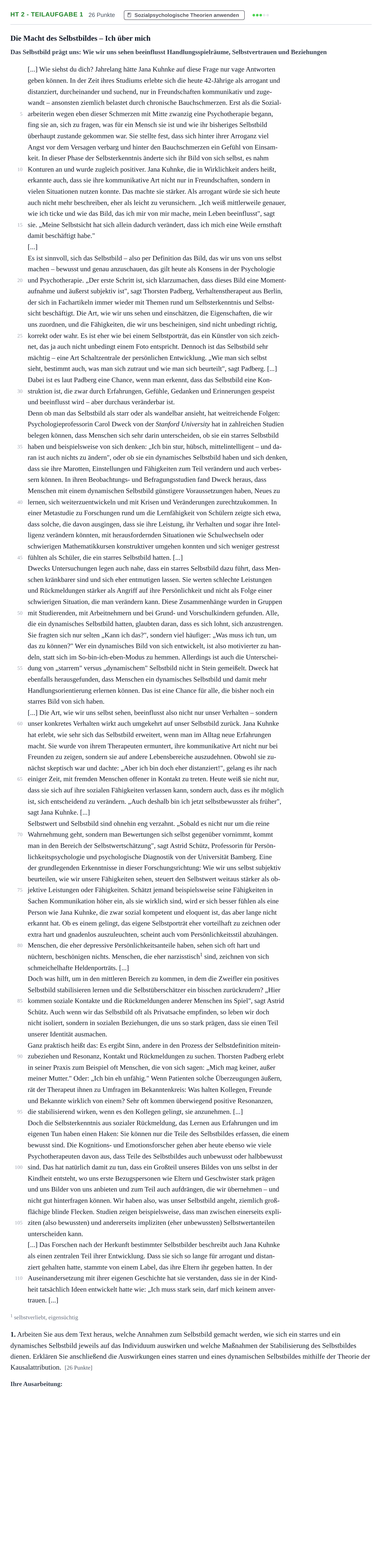 Aufgabenstellung: Aufgabe HT 2 - Teilaufgabe 1 · Abitur NRW Psychologie GK · Haupttermin 2023