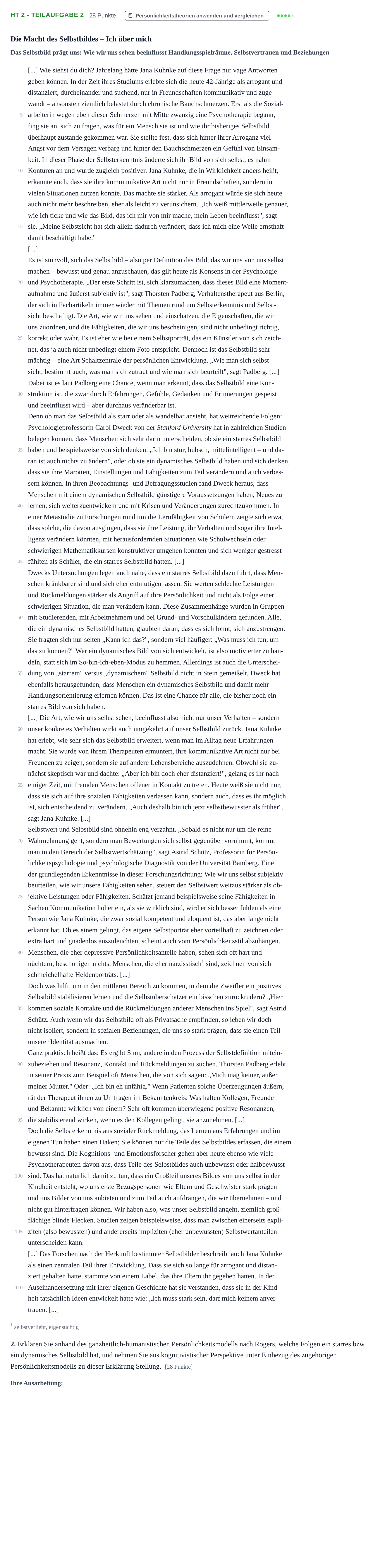 Aufgabenstellung: Aufgabe HT 2 - Teilaufgabe 2 · Abitur NRW Psychologie GK · Haupttermin 2023