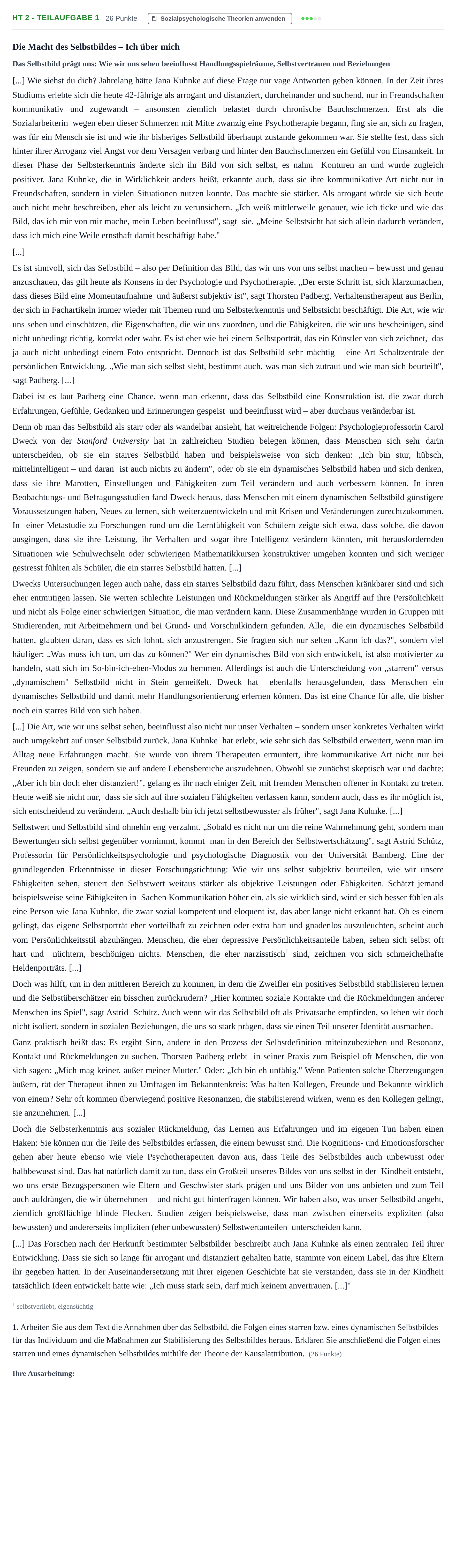Aufgabenstellung: Aufgabe HT 2 - Teilaufgabe 1 · Abitur NRW Psychologie GK · Haupttermin · Weiterbildungskolleg 2023