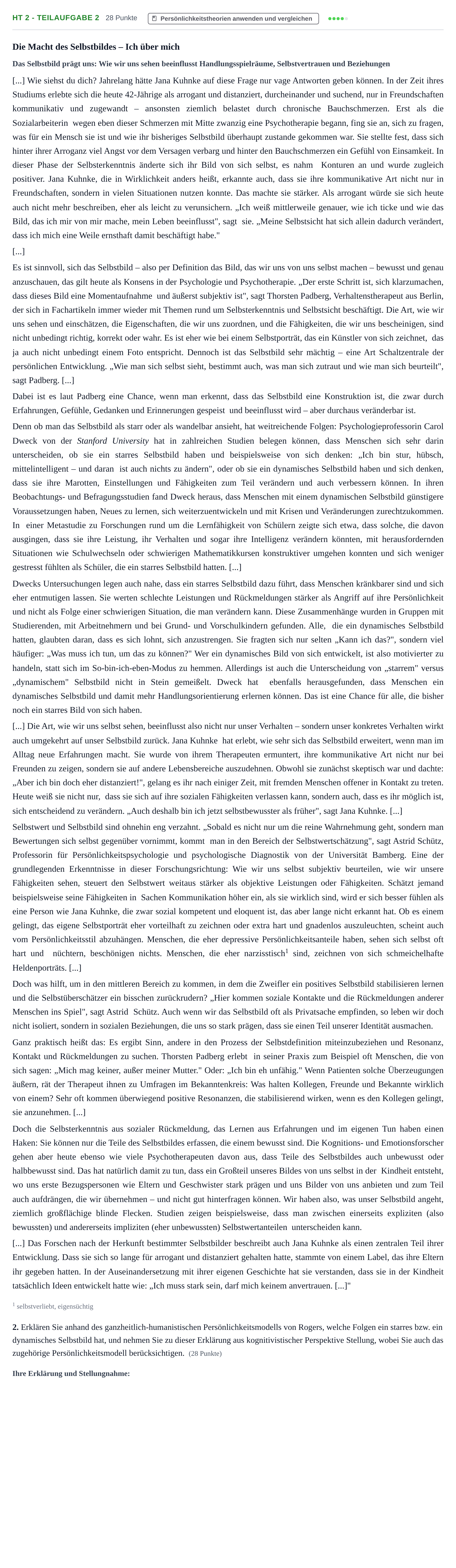 Aufgabenstellung: Aufgabe HT 2 - Teilaufgabe 2 · Abitur NRW Psychologie GK · Haupttermin · Weiterbildungskolleg 2023