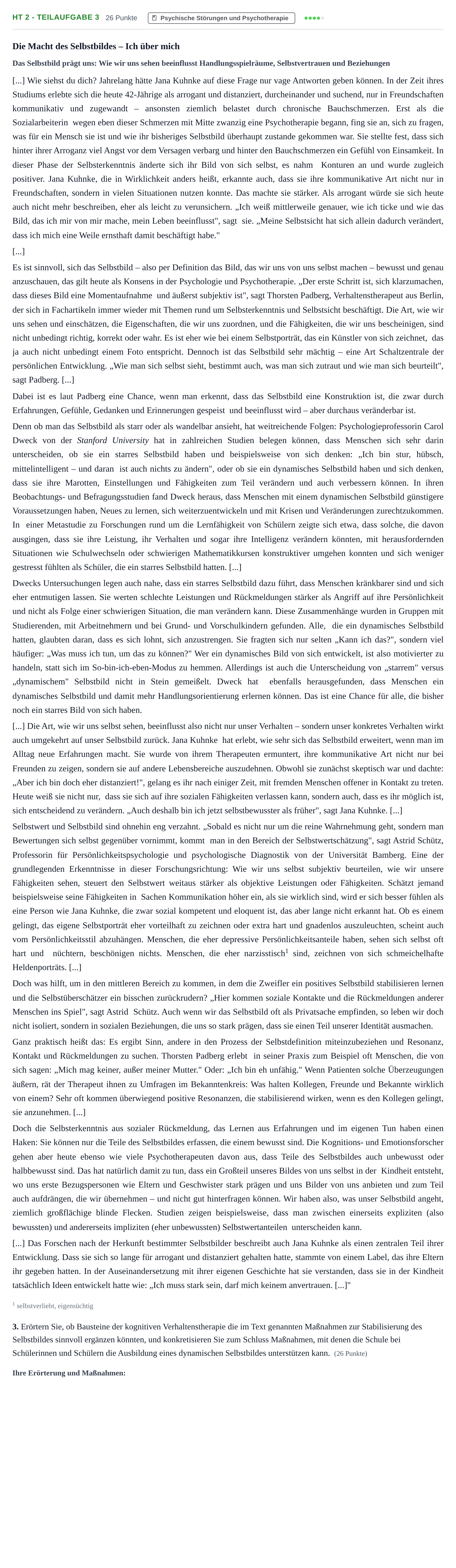 Aufgabenstellung: Aufgabe HT 2 - Teilaufgabe 3 · Abitur NRW Psychologie GK · Haupttermin · Weiterbildungskolleg 2023