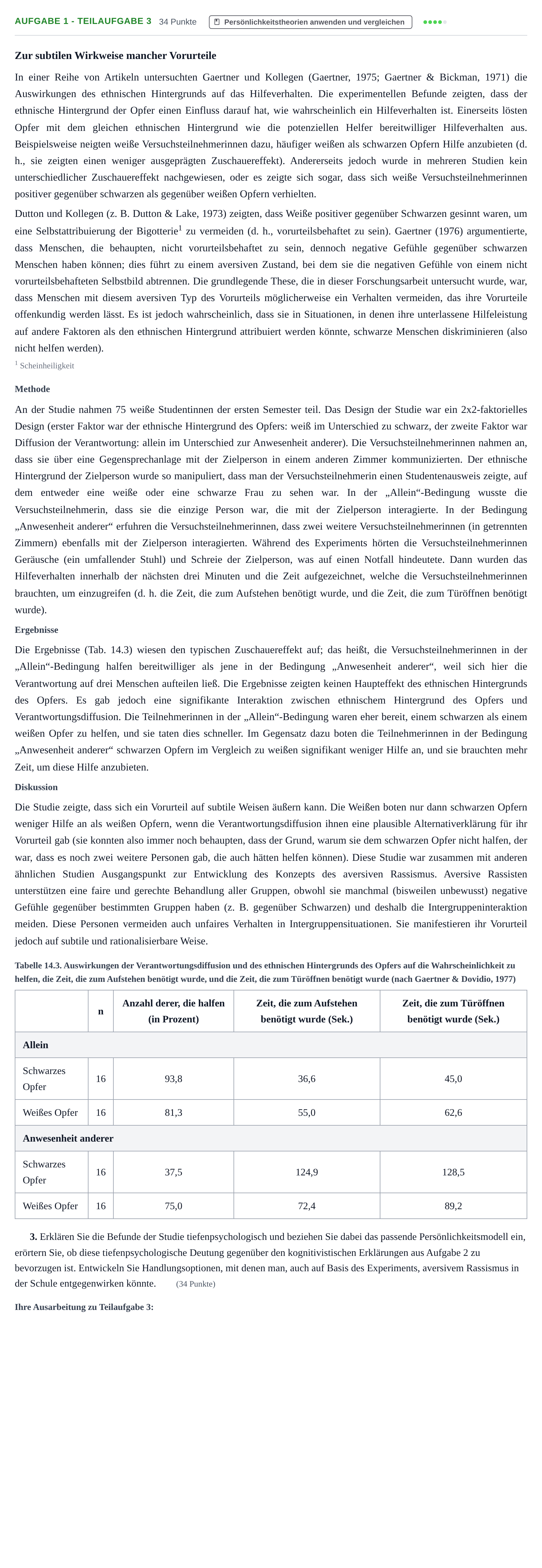 Aufgabenstellung: Aufgabe 1 - Teilaufgabe 3 · Abitur NRW Psychologie GK · Nachtermin 2023