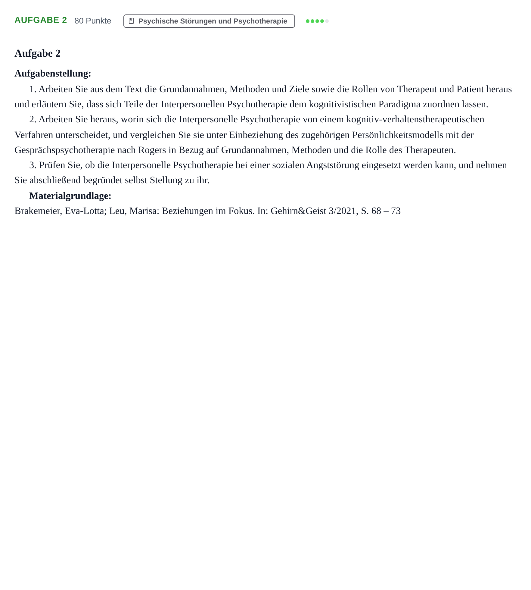 Aufgabenstellung: Aufgabe 2 · Abitur NRW Psychologie GK · Nachtermin 2023