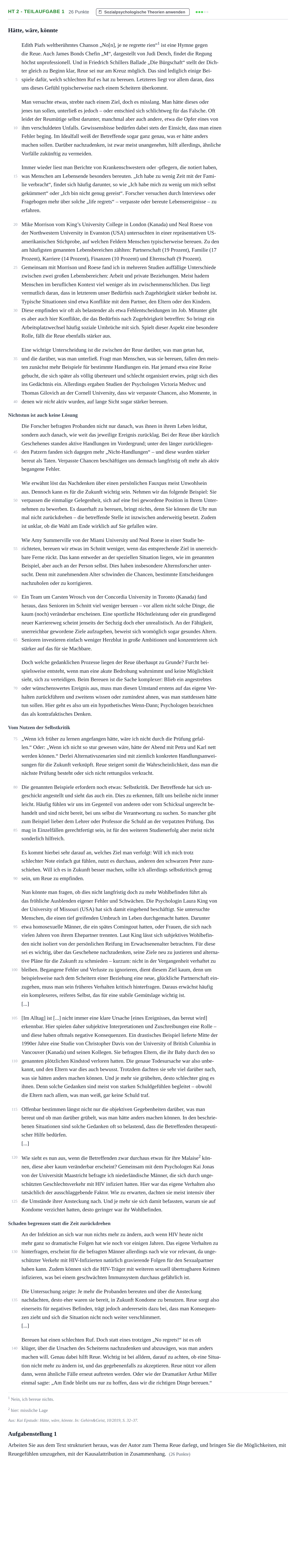 Aufgabenstellung: Aufgabe HT 2 - Teilaufgabe 1 · Abitur NRW Psychologie LK · Haupttermin · Weiterbildungskolleg 2023