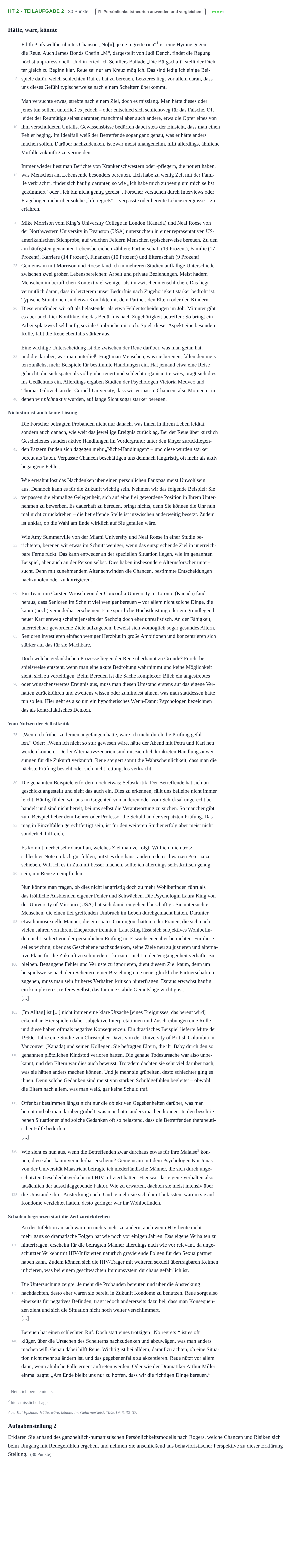 Aufgabenstellung: Aufgabe HT 2 - Teilaufgabe 2 · Abitur NRW Psychologie LK · Haupttermin · Weiterbildungskolleg 2023