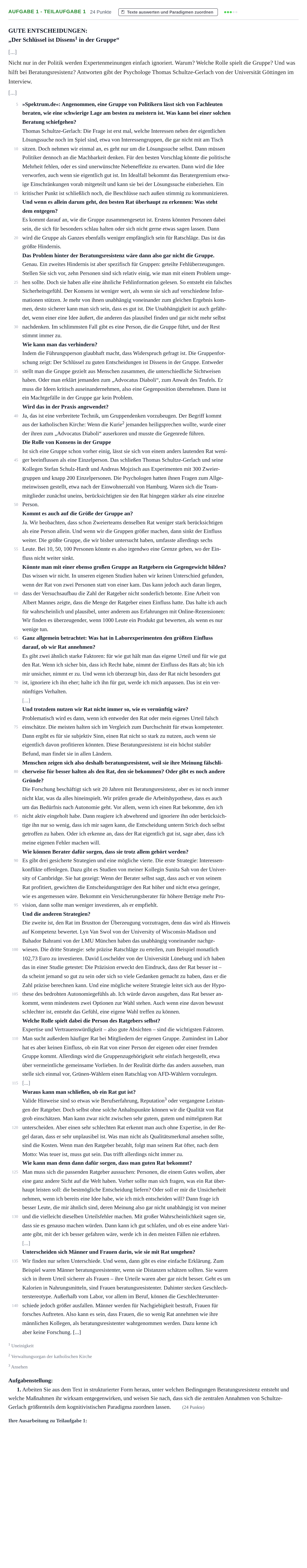 Aufgabenstellung: Aufgabe 1 - Teilaufgabe 1 · Abitur NRW Psychologie LK · Nachtermin 2023