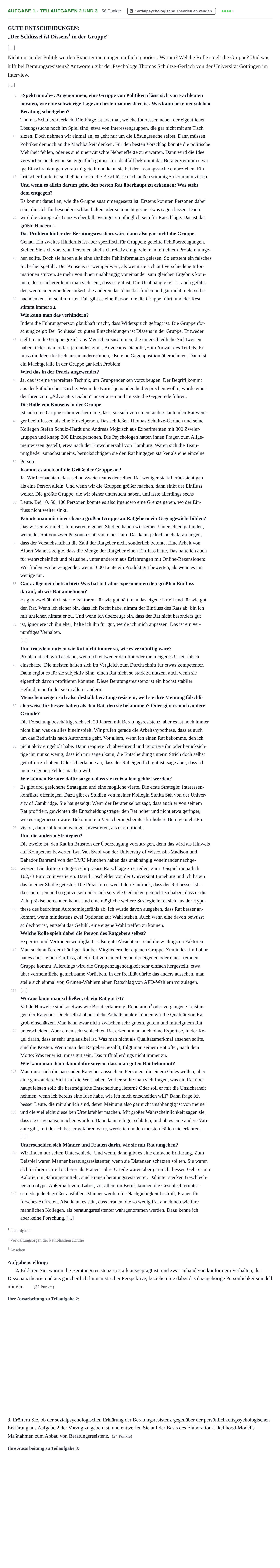 Aufgabenstellung: Aufgabe 1 - Teilaufgaben 2 und 3 · Abitur NRW Psychologie LK · Nachtermin 2023